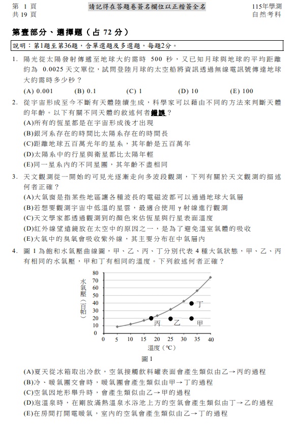 115學測自然試題與解答，圖片檔顯示版本
