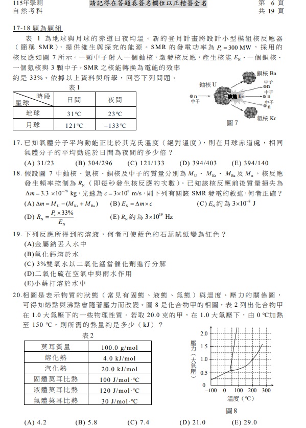 115學測自然試題與解答，圖片檔顯示版本
