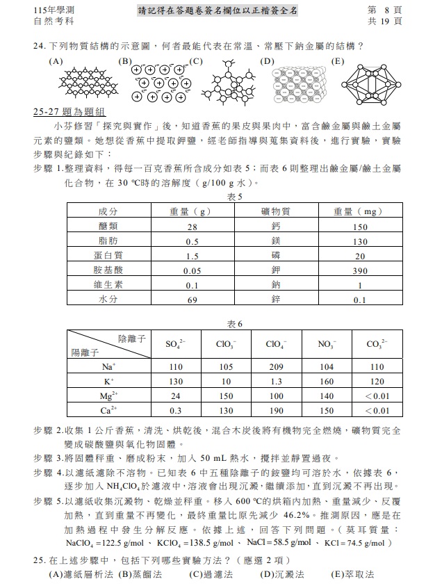 115學測自然試題與解答，圖片檔顯示版本
