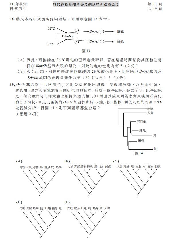 115學測自然試題與解答，圖片檔顯示版本