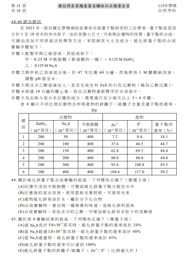 115學測自然試題與解答，圖片檔顯示版本