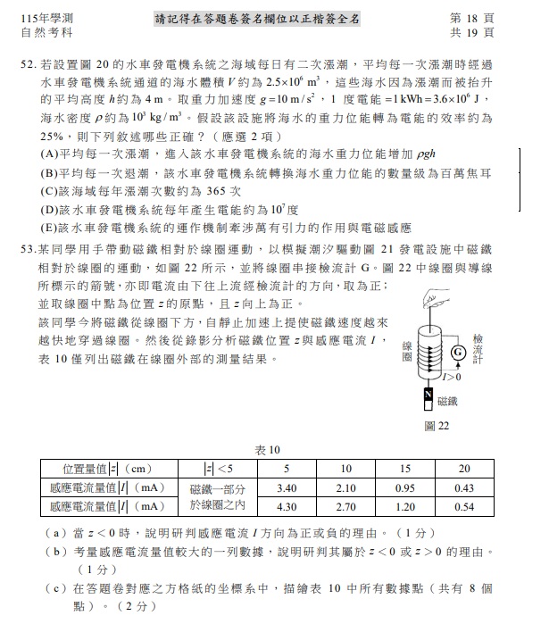 115學測自然試題與解答，圖片檔顯示版本