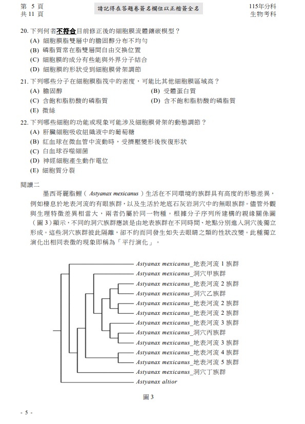 115年分科測驗生物 試題與解答，圖片檔顯示版本