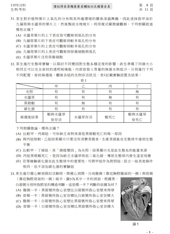 115年分科測驗生物 試題與解答，圖片檔顯示版本