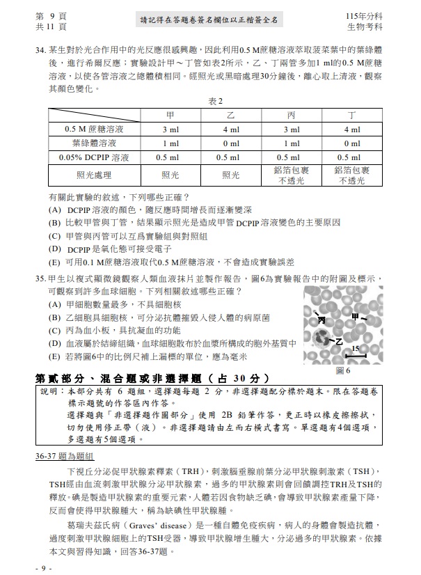 115年分科測驗生物 試題與解答，圖片檔顯示版本